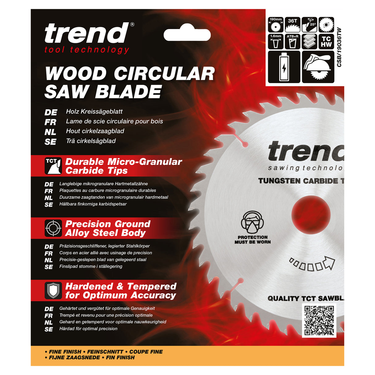 Trend 190mm x Diamond Bore x 36T Thin Kerf General Purpose Cordless ATBR Circular Saw Blade