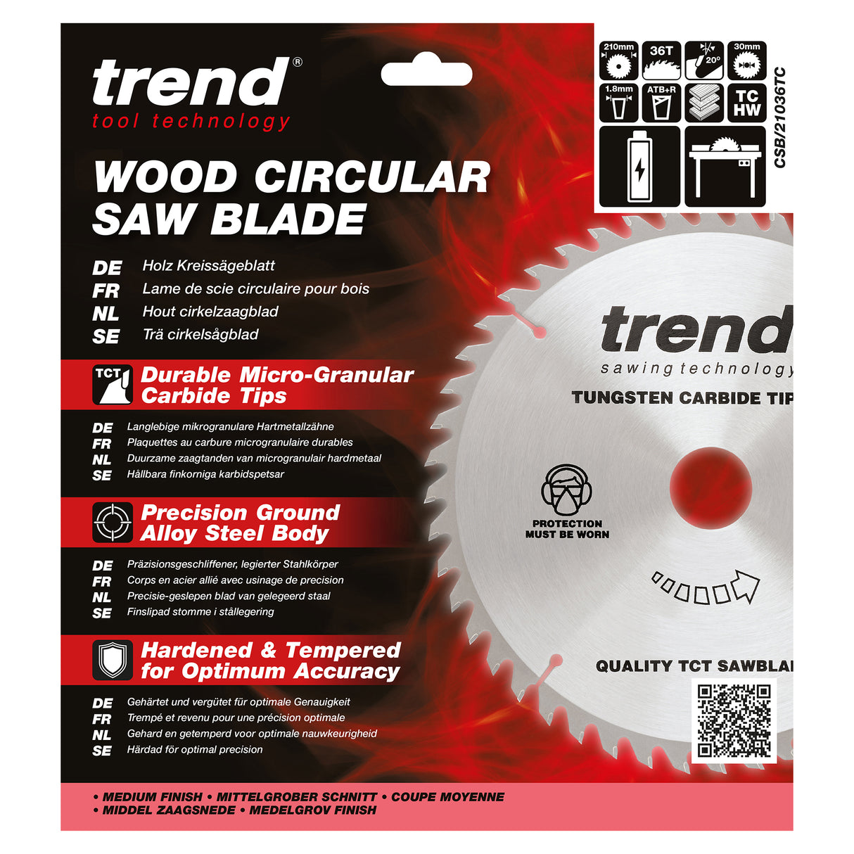 Trend 210mm x 30mm x 36T Thin Kerf Wood Cordless ATBR Circular Saw Blade