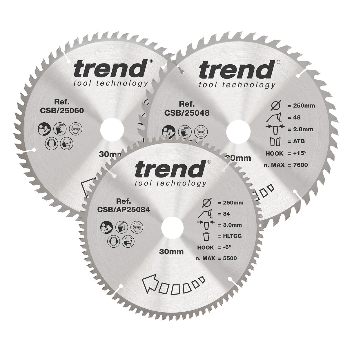 Trend 3-Piece 250mm x 30mm x 48/60/84T Wood Circular Saw Blade Set