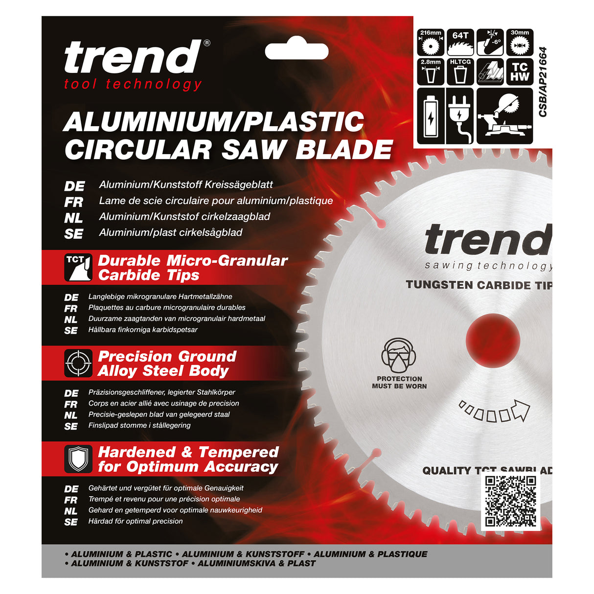 Trend 216mm x 30mm x 64T Aluminium/Plastic Circular Saw Blade