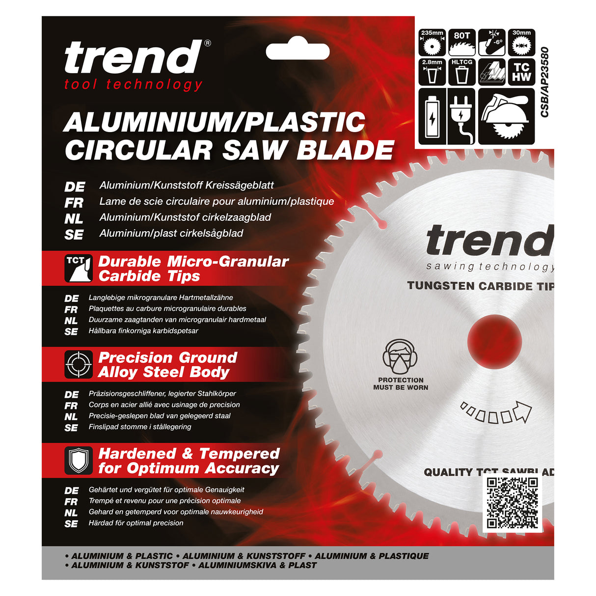 Trend 235mm x 30mm x 80T Aluminium/Plastic Circular Saw Blade