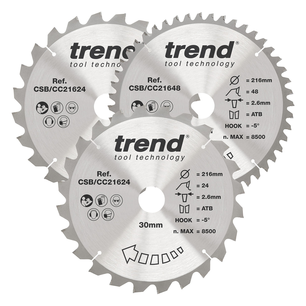 Trend 3-Piece 216mm x 30mm x 24/48T Wood Mitre Saw Blade Set