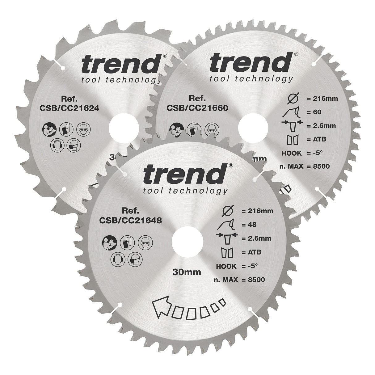 Trend 3-Piece 216mm x 30mm x 24/48/60T Wood Mitre Saw Blade Set