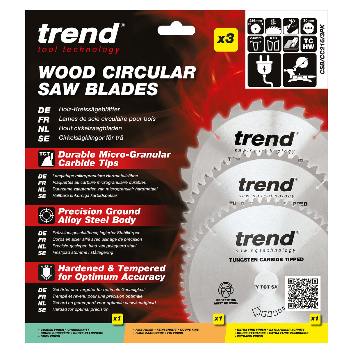 Trend 3-Piece 216mm x 30mm x 24/48/60T Wood Mitre Saw Blade Set