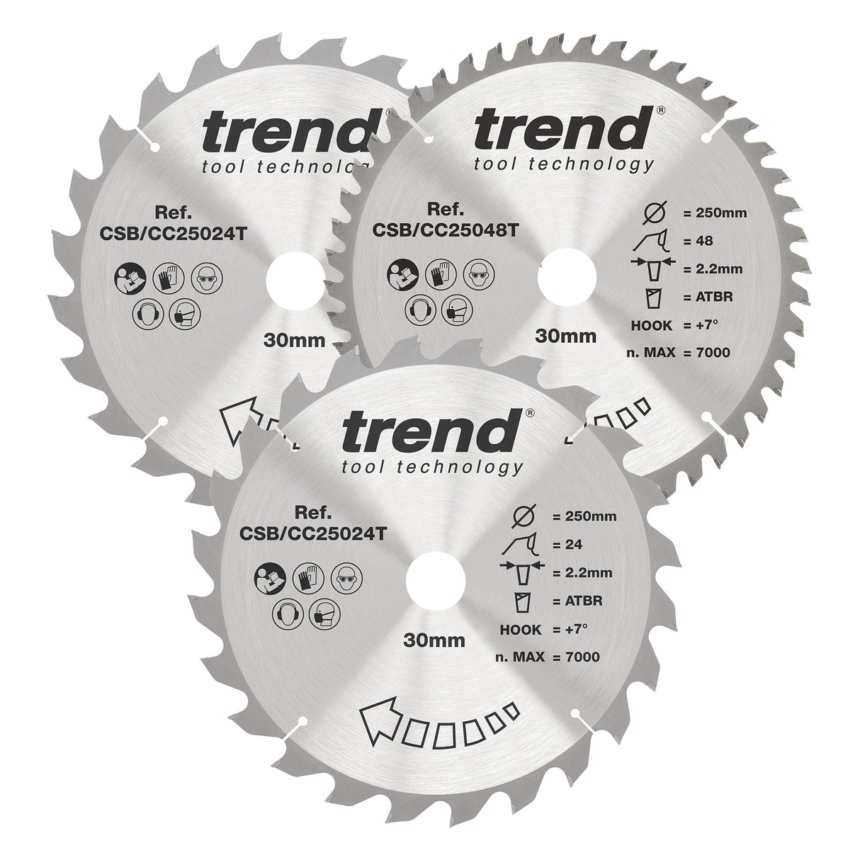 Trend 3-Piece 250mm x 30mm x 24/48T Wood Cordless ATBR Mitre Saw Blade Set