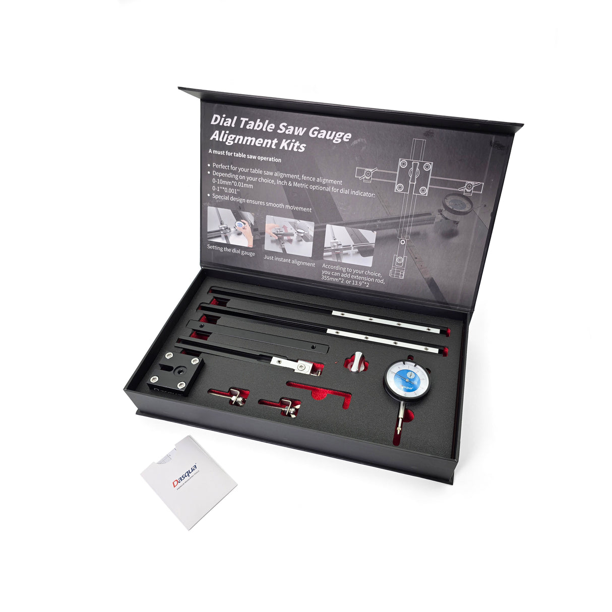 Dasqua Table Saw Dial Gauge Alignment Kit with Beam Extensions in use on table saw