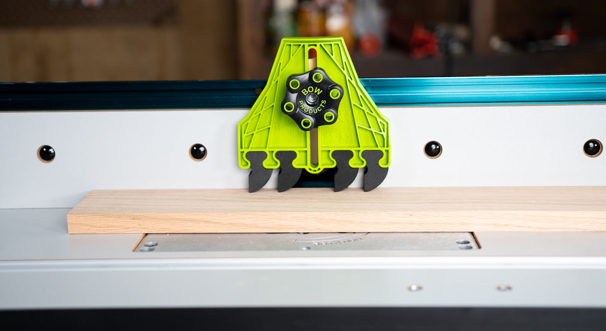 BOW Products FencePRO Featherboard EVA Feathers stackable in use on woodworking machine fence