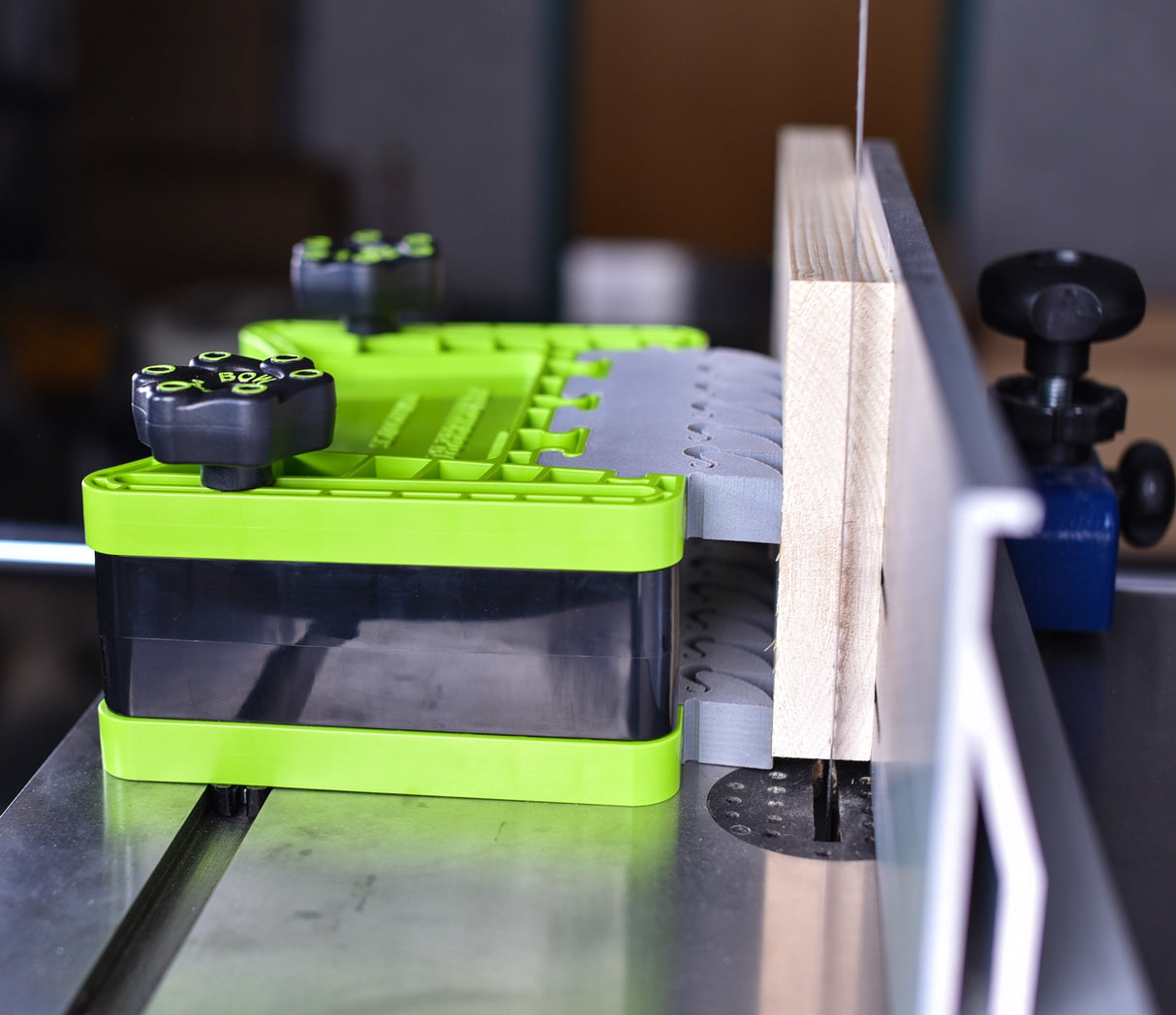 BOW Products FeatherDUO Featherboard Safety System Twin Pack Stackable in use on a table saw