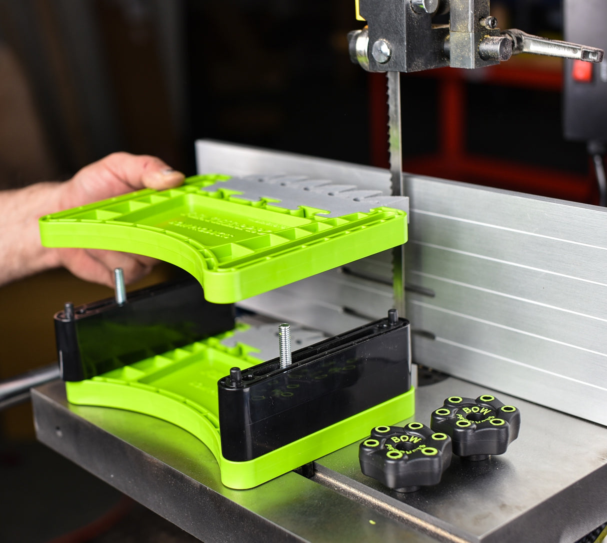 BOW Products FeatherDUO Featherboard Safety System Twin Pack Stackable, angled view showing dual featherboards on woodworking table