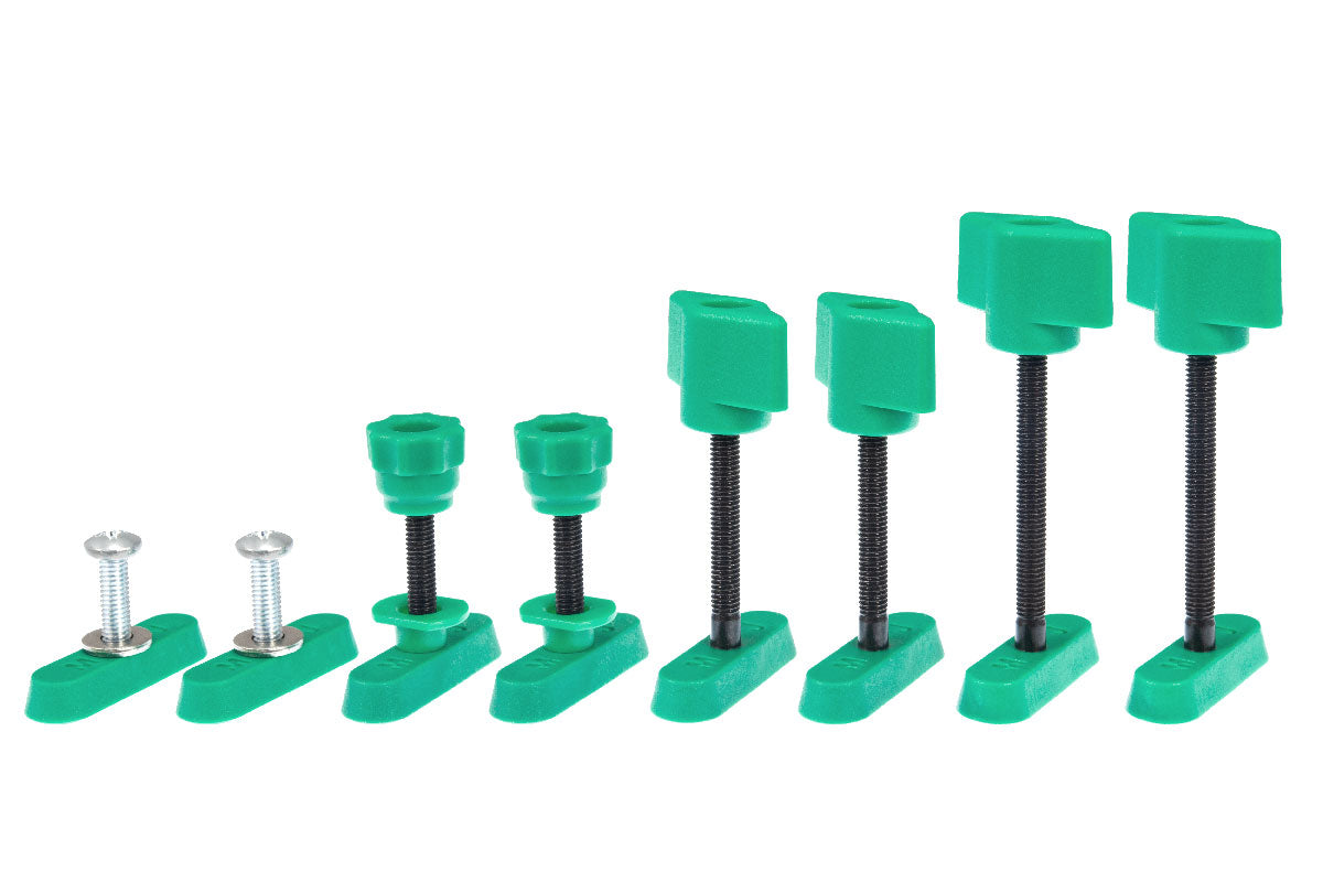 MicroJig MatchFit Dovetail Track Hardware Variety Pack on wooden surface showing custom dovetail track capabilities