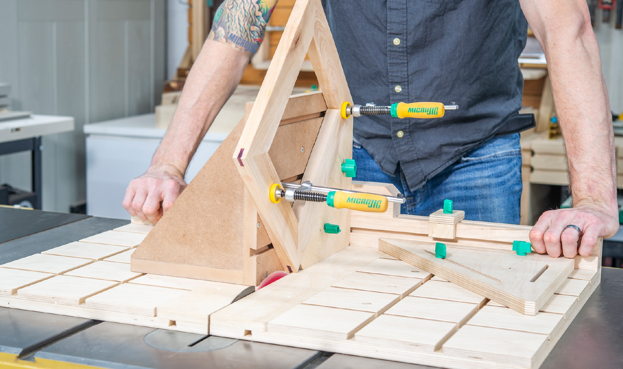 MicroJig MatchFit Dovetail Track Hardware Variety Pack installed on workbench with various angles