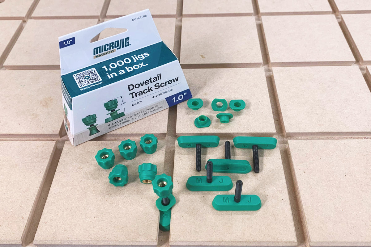 Micro Jig MatchFit 1in Dovetail Track Hardware Screw Kit, angled view showcasing versatile track system