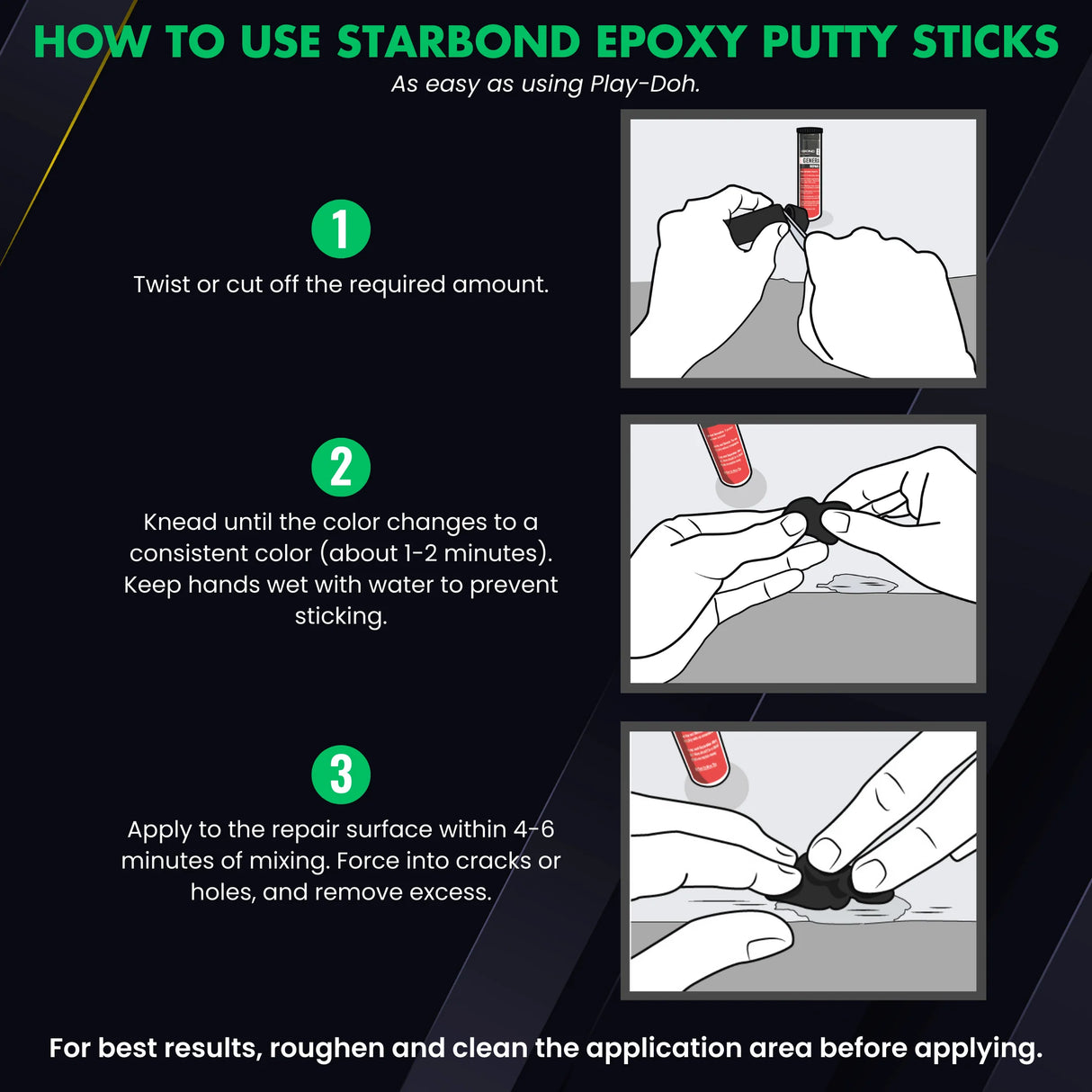 Starbond General Purpose Epoxy Putty Stick Black 2oz - Close-up of hand applying epoxy putty to wood surface