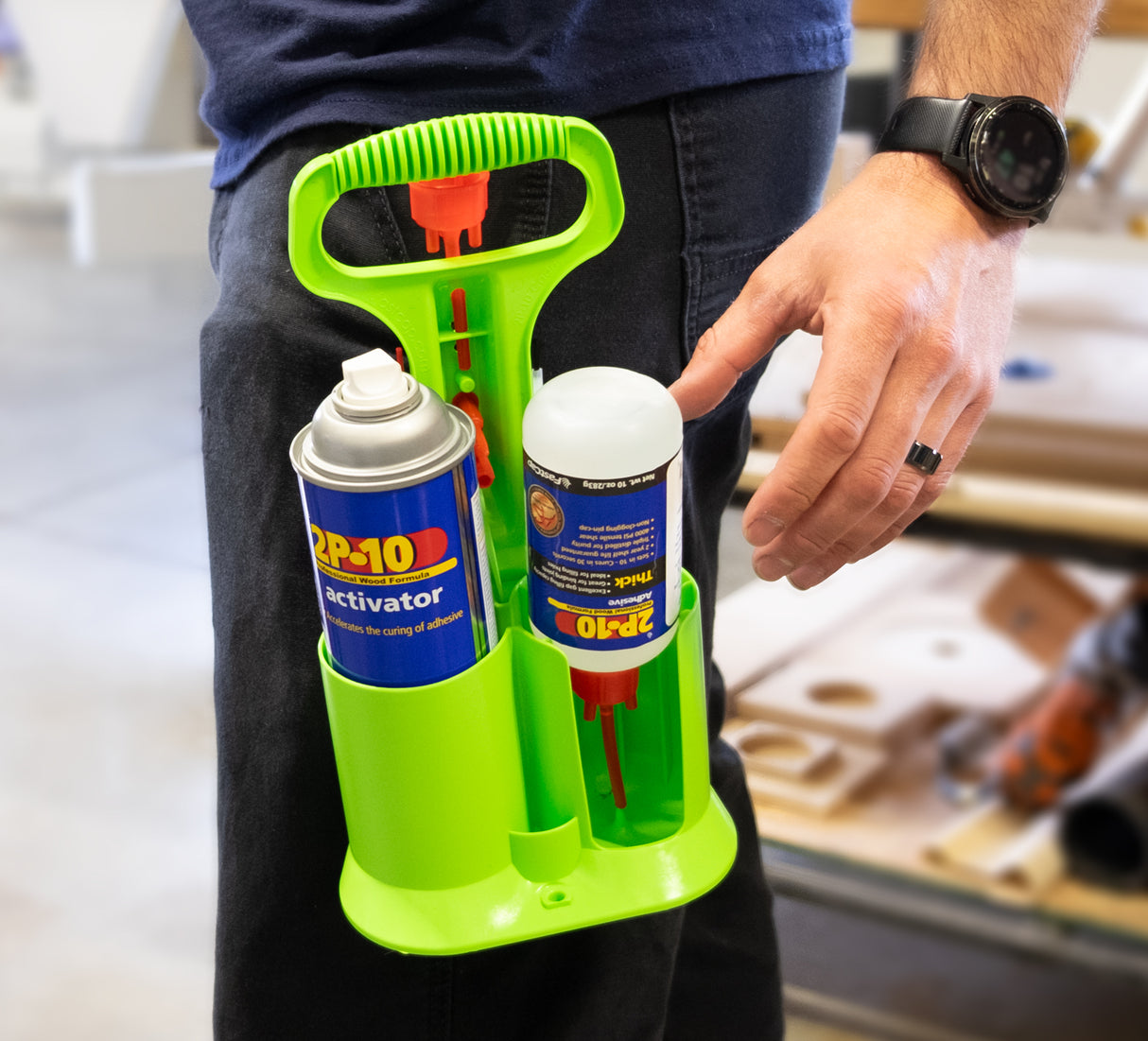 FastCap 2P-10 Glue Tip Carrying Caddy displayed with 2P-10 Jel bottle upside down and Activator can in Australian woodworking tools store