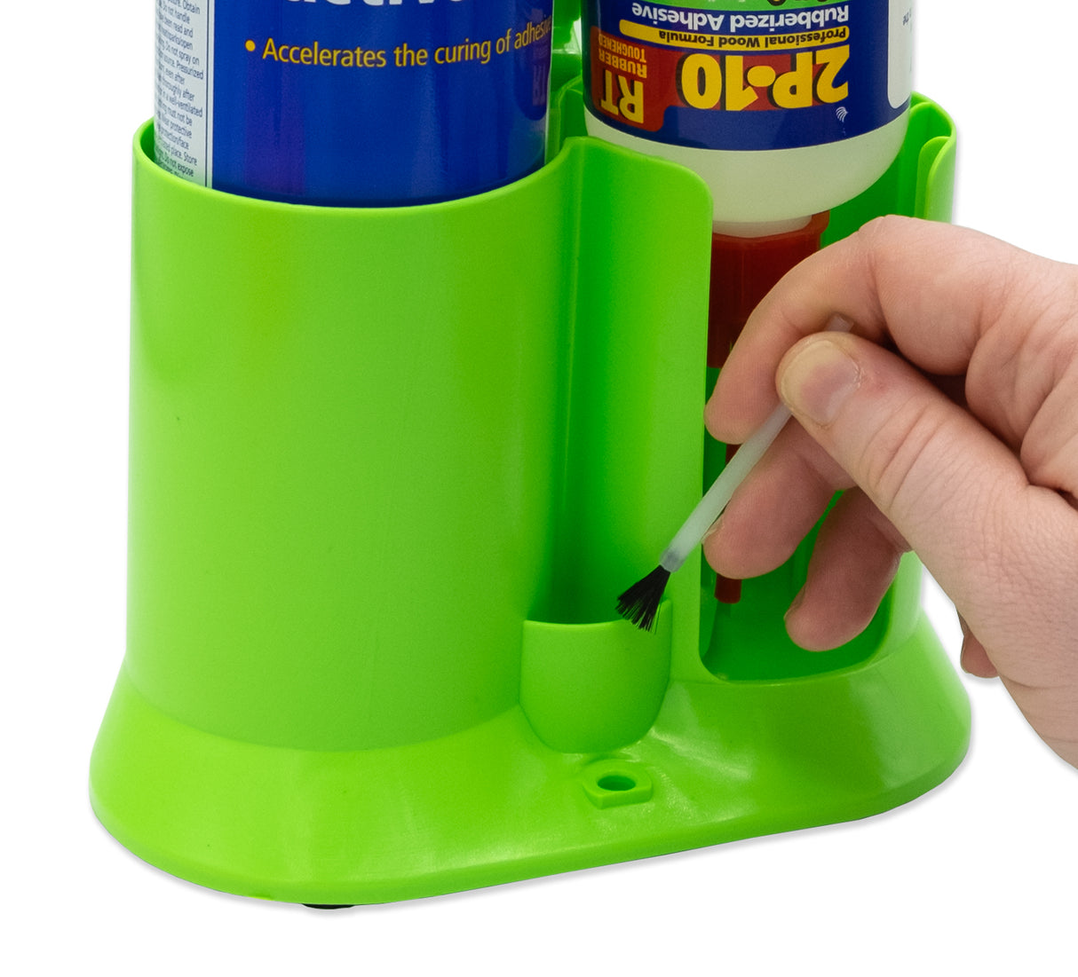 FastCap 2P-10 Glue Tip Caddy holding glue bottle and activator can upside down