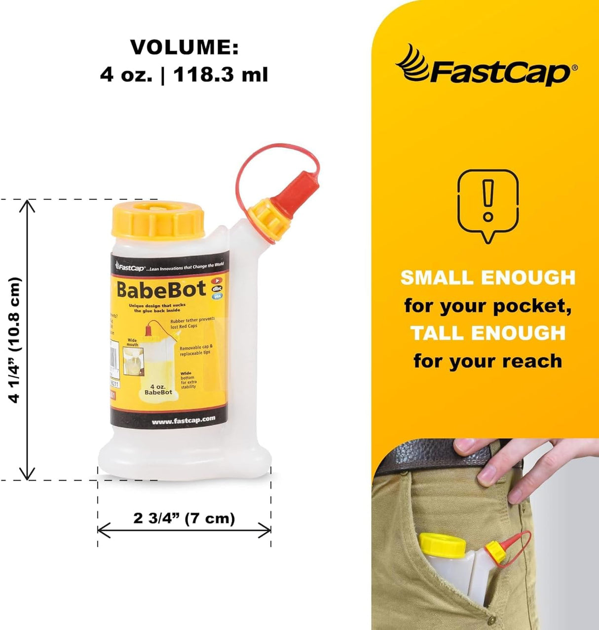 FastCap BabeBot Glue Pot Dispenser Bottle, side view, showing non-drip design and 112mL capacity