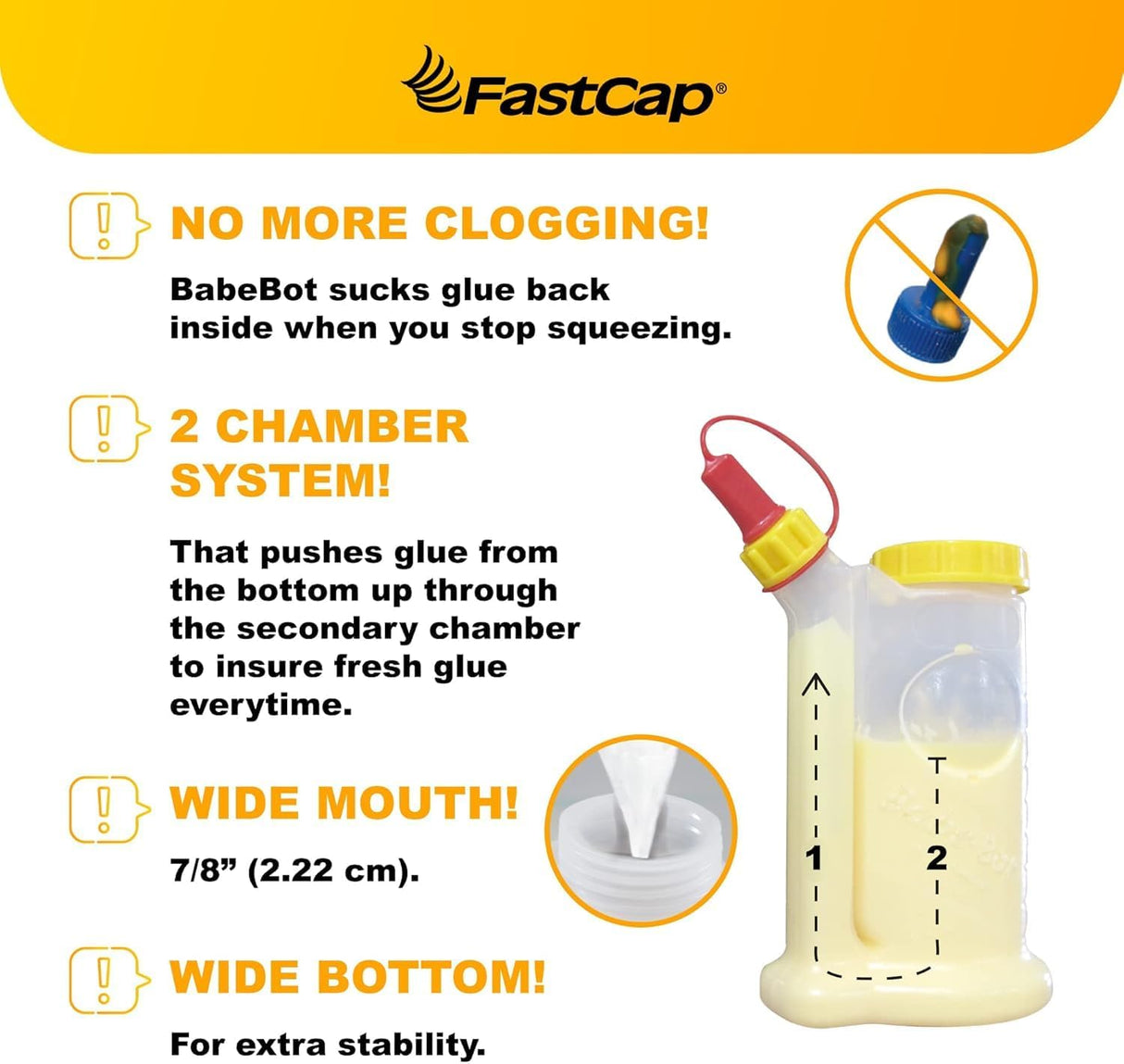 FastCap BabeBot Glue Pot Dispenser 112mL non-drip bottle angled perspective