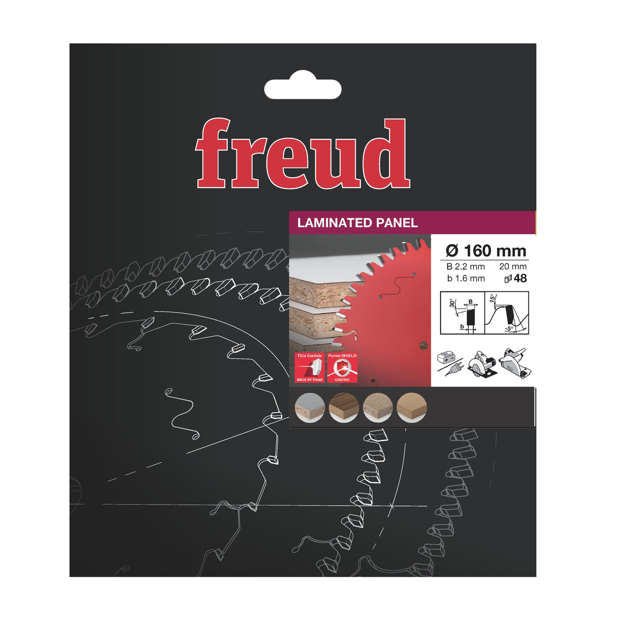 Freud 160 x 20 x 2.2 x 48T Laminated Panel Saw Bladesuits Handheld and Plunge Circular Saws