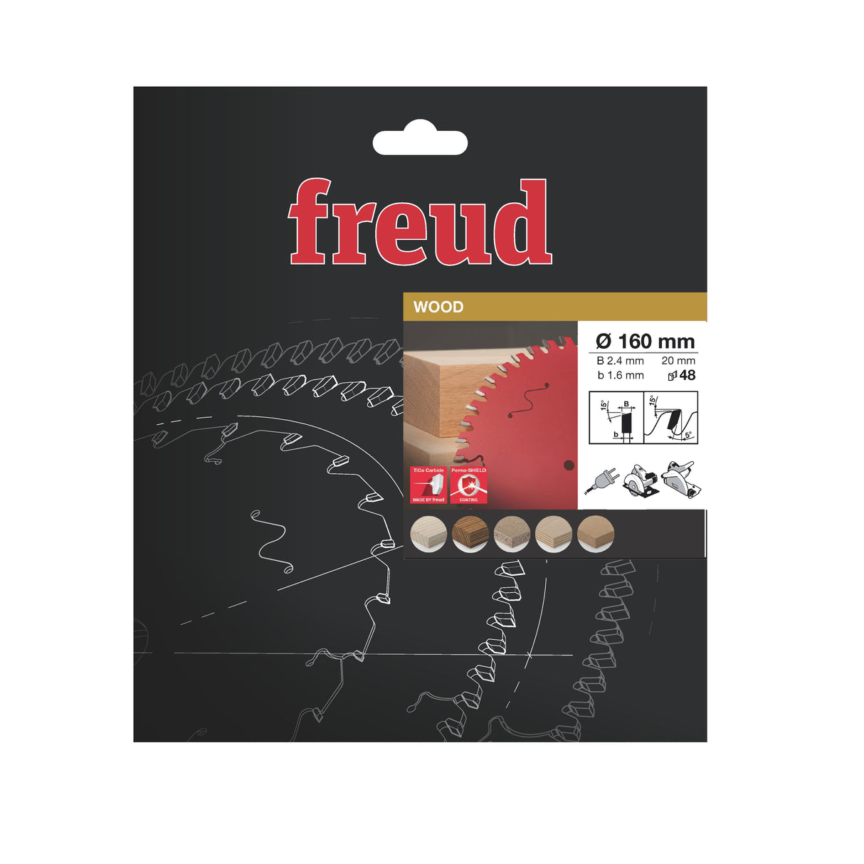 Freud Wood Saw Blade for Circular Saws, 160mm Diameter, 20mm Bore - High-precision cut in hardwoods and softwoods