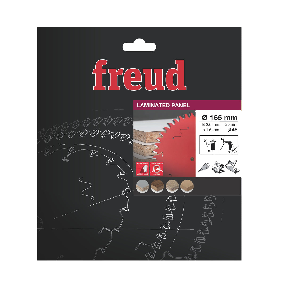 Freud 165 x 20 x 2.6 x 48T Laminated Panel Saw Blade suits Handheld and Plunge Circular Saws