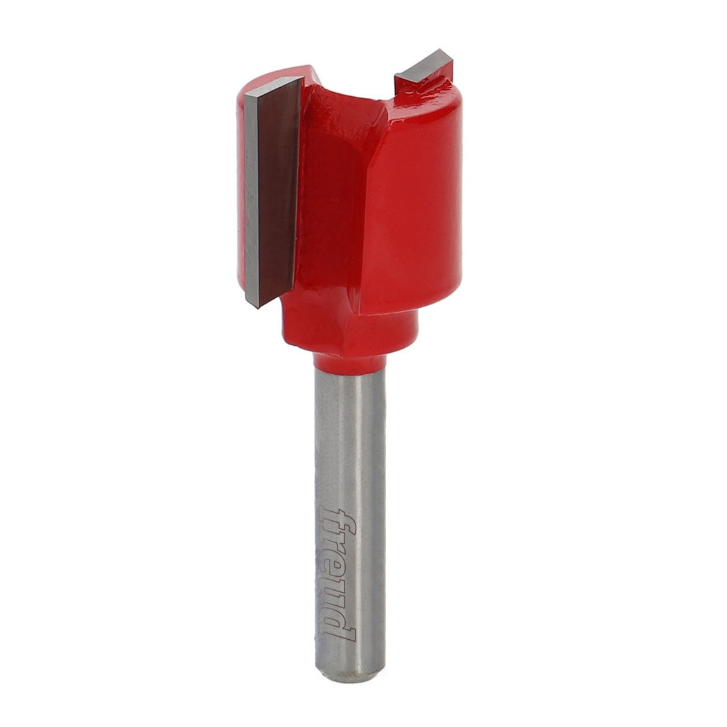 Freud Double Flute Straight Router Bit 1/4in Shank in action, suitable for grooving and edge-routing woodworking tasks