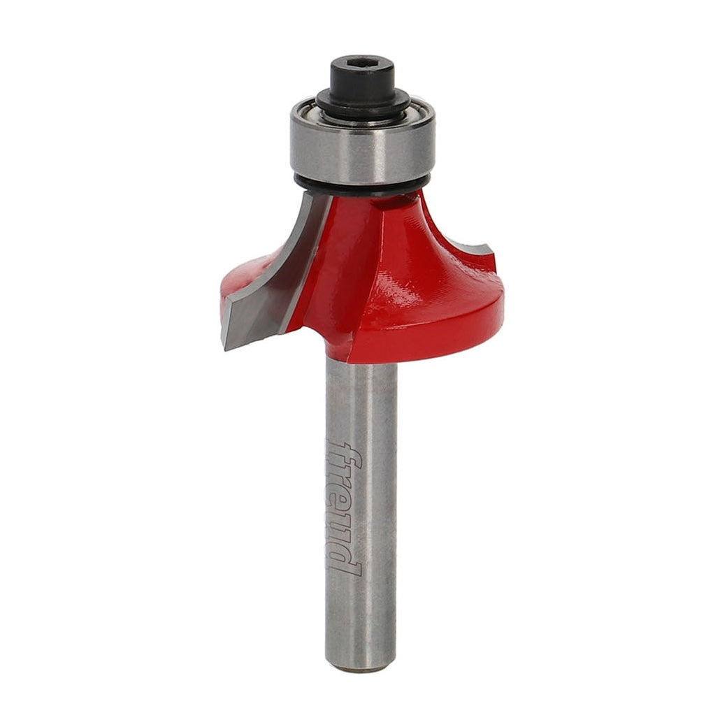 Freud Round Over Router Bits 1/4in Shank - Close-up view of carbide-tipped router bit with 1/2in bearing