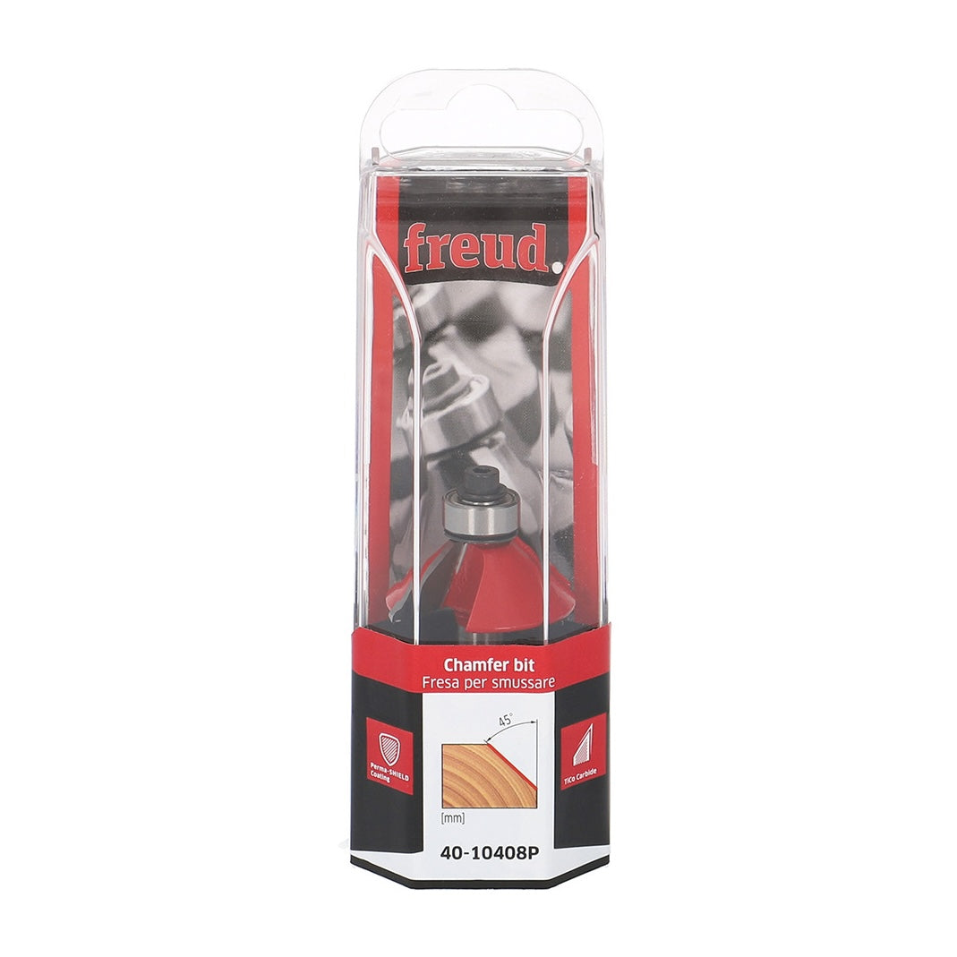 Freud Chamfer CNC Router Bit 45 Degree Angle 8mm Shank in use on woodwork project