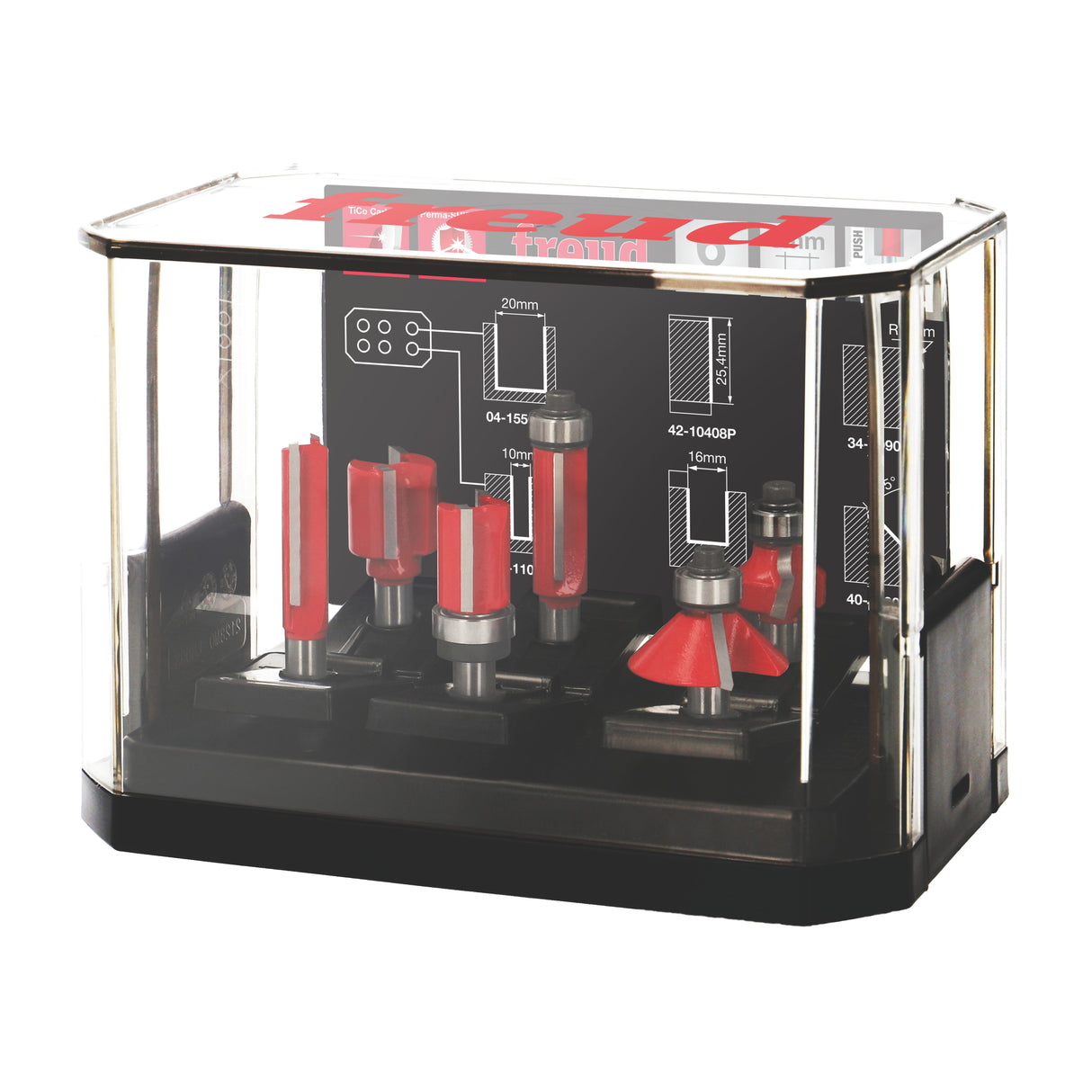 Freud 6-Piece Essential Mix CNC Router Bit Set in sturdy case, suitable for hardwood, softwood, plywood, and composites