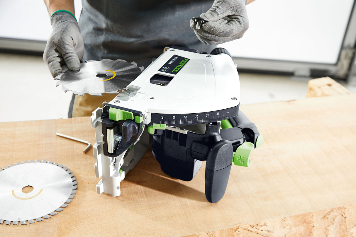 Festool TS 60K plunge cut saw with 100 Year Limited Edition Systainer & 1400mm Rail from an angle showcasing its compact design