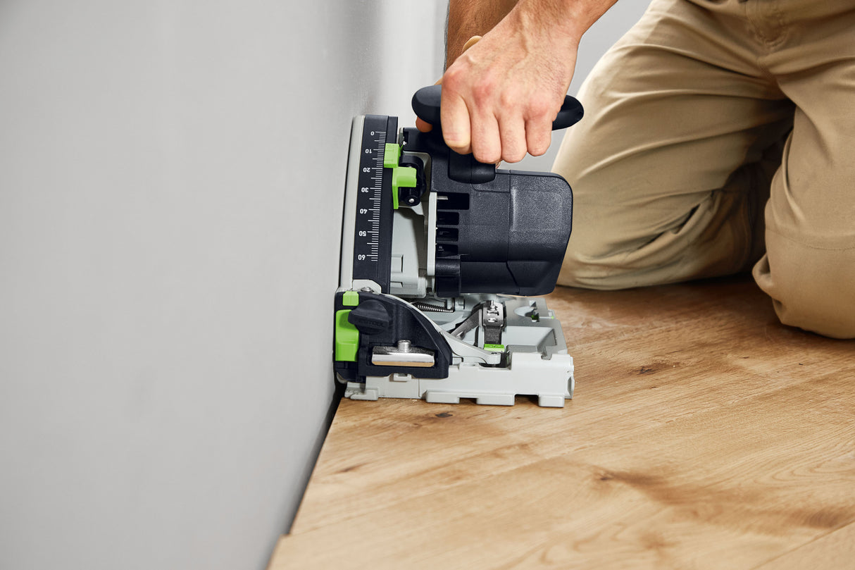 Festool TS 60K plunge cut saw with 100 Year Limited Edition Systainer on 1400mm rail, angled view