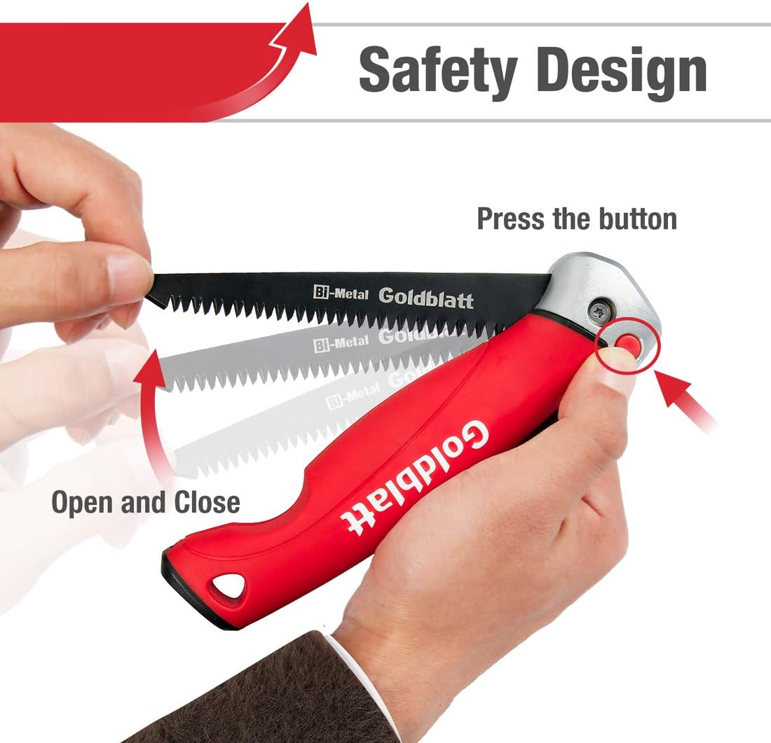 Goldblatt Folding Jab Saw in action, showcasing its 8TPI bi-metal blade for efficient cutting