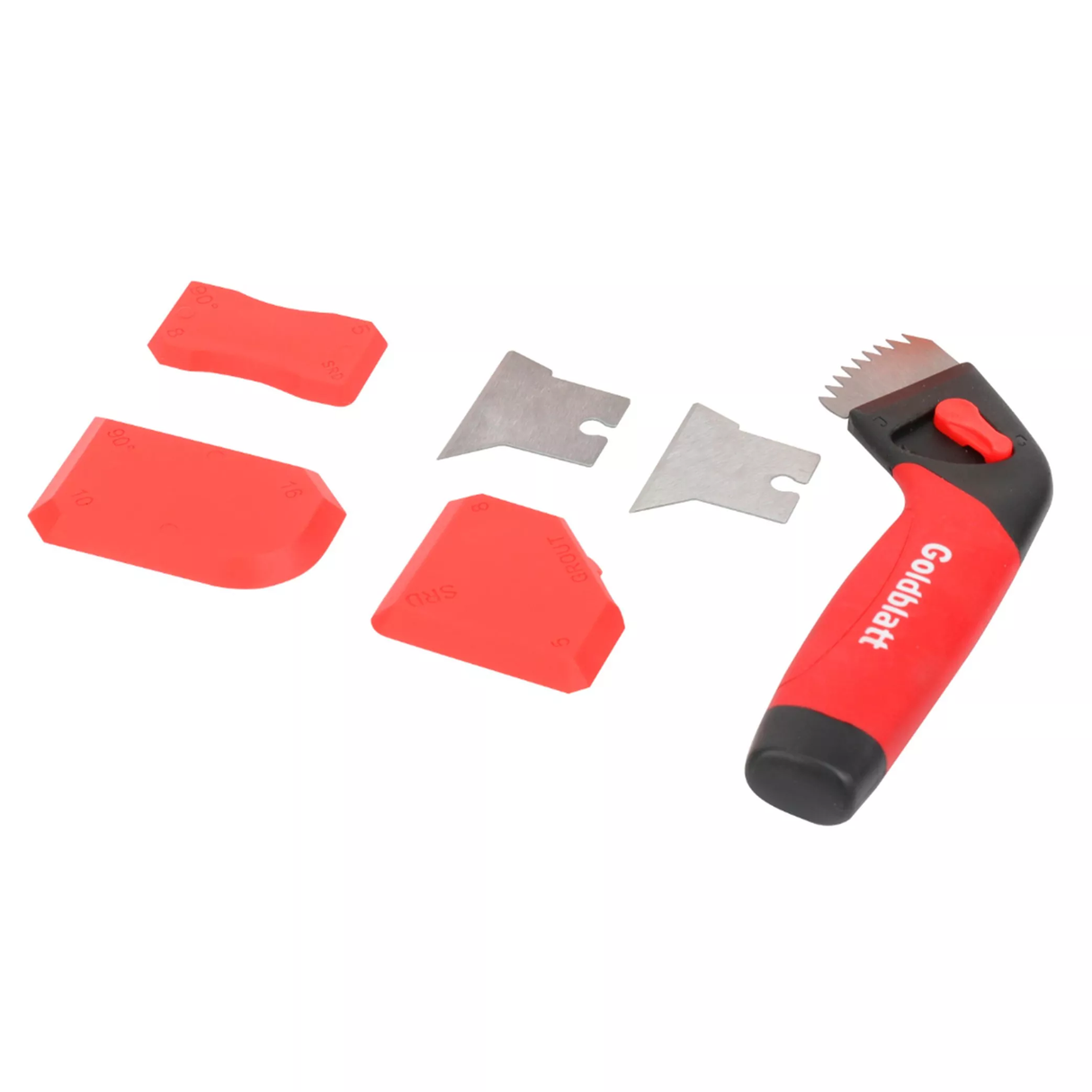 Goldblatt Caulking Tool Kit with stainless steel scraper blades and plastic sealant finishing tools, ideal for silicone joint maintenance