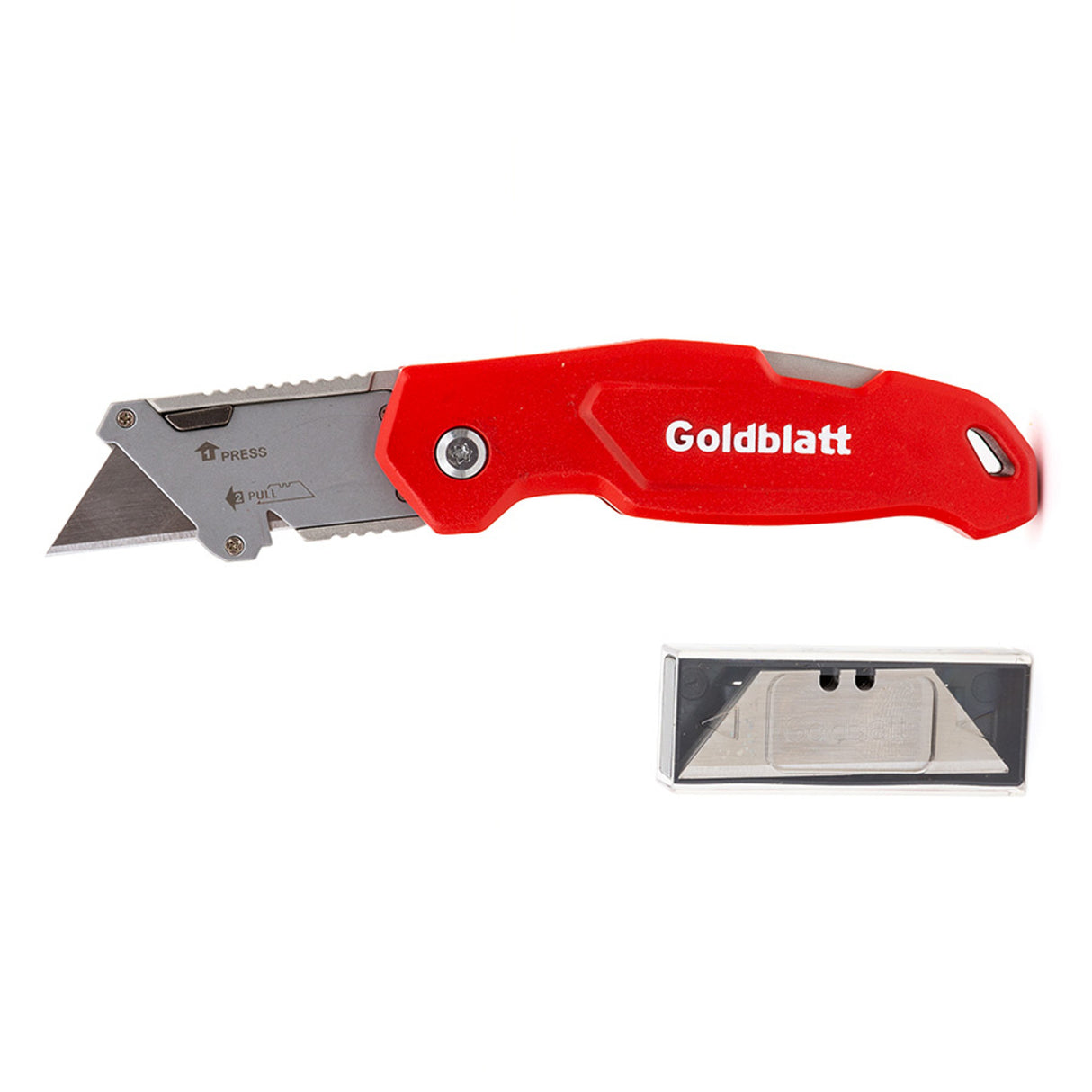 Goldblatt Heavy-Duty Folding Utility Knife with Wire Stripper, angled view showcasing durable aluminium alloy construction