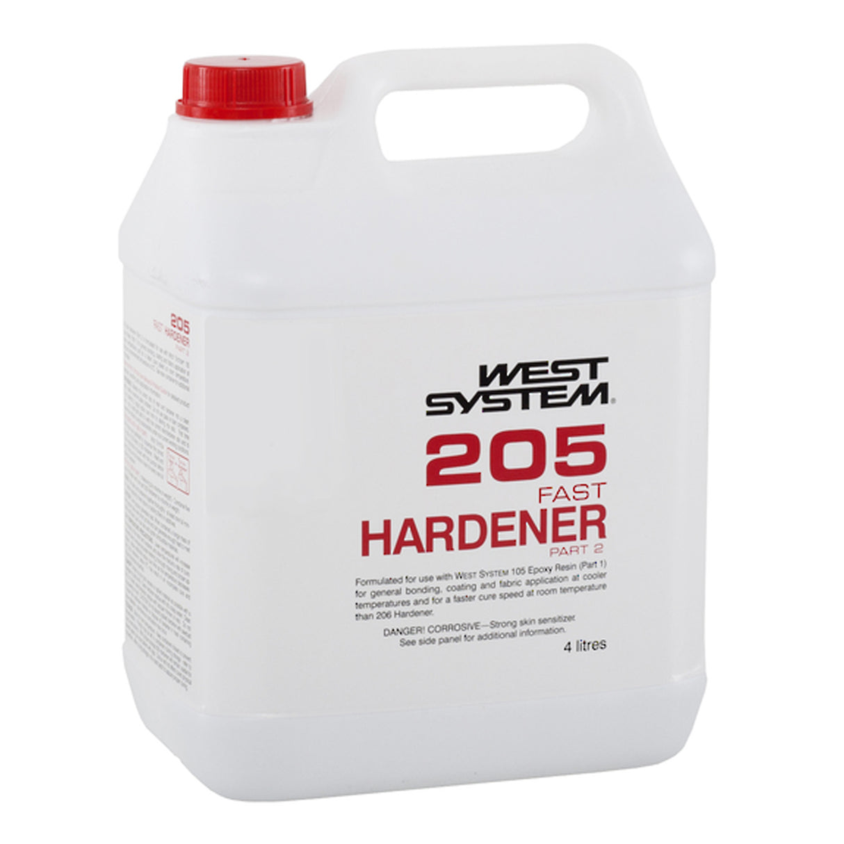West System 205 Epoxy Resin Fast Hardener, side view showcasing packaging and label