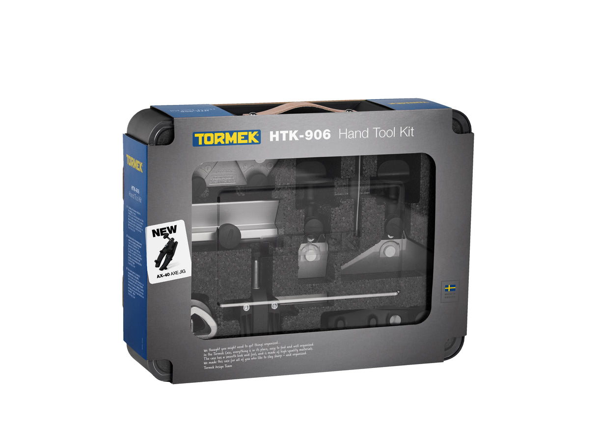 Tormek HTK-906 Hand Tool Kit packaging, high-quality sharpening system for woodworkers, made in Sweden