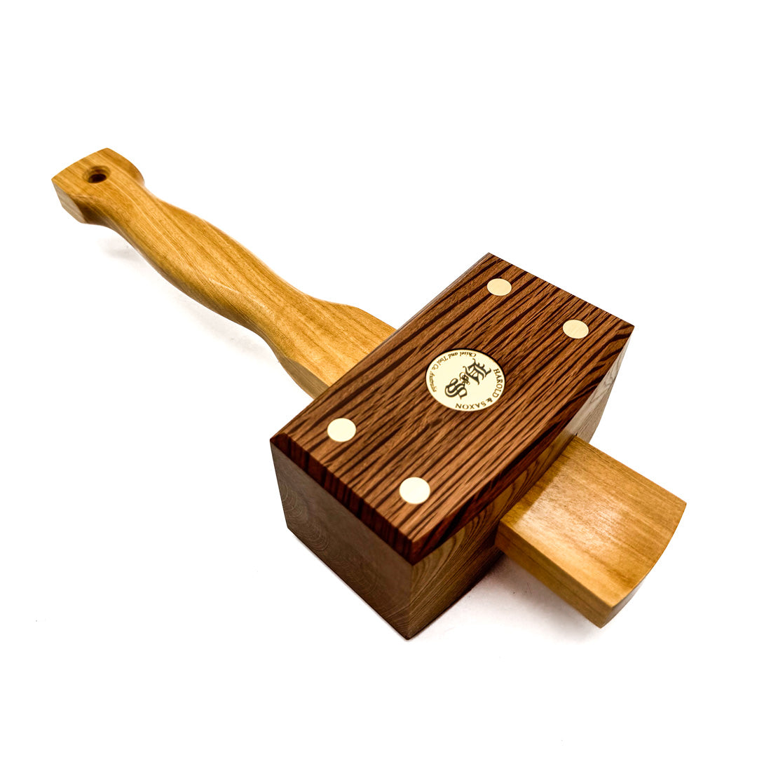 Harold & Saxon Carpenters Mallet with Crows Ash Handle, close-up view showing craftsmanship and quality hardwood material