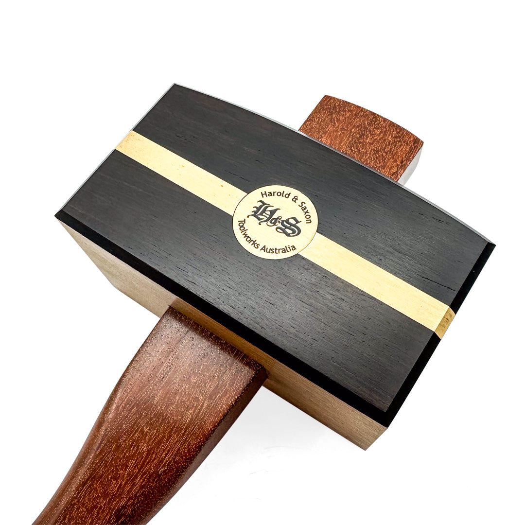 Handmade Australian Harold & Saxon Deluxe Carpenters Mallet Coachwood and Exotic Timber Head woodworking tool in striking desert hardwood