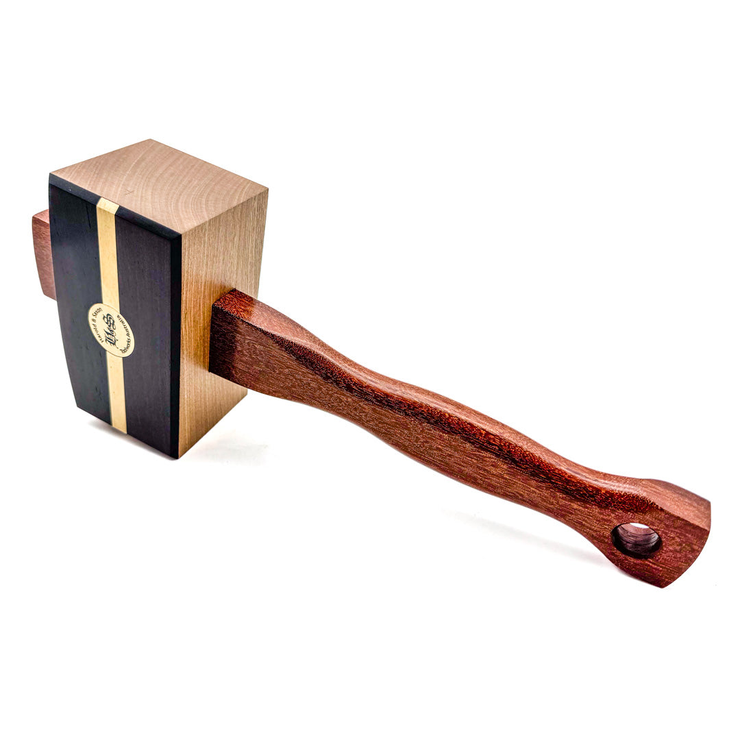 Harold & Saxon Deluxe Carpenters Mallet Coachwood and Exotic Timber Head, showcasing intricate grain pattern and fine craftsmanship