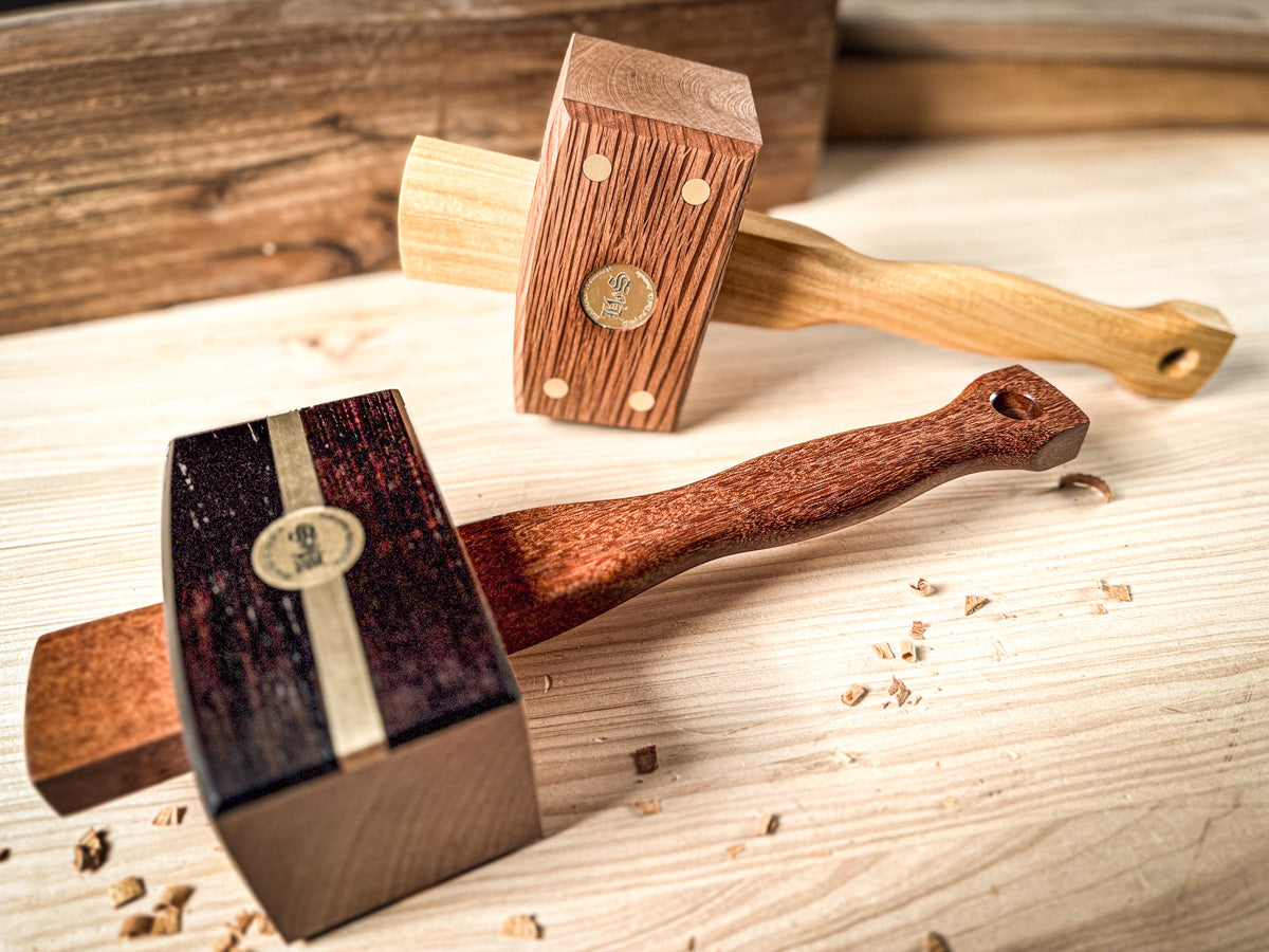 Handmade Harold & Saxon Deluxe Carpenters Mallet with Coachwood and Exotic Timber Head in Australian workshop setting