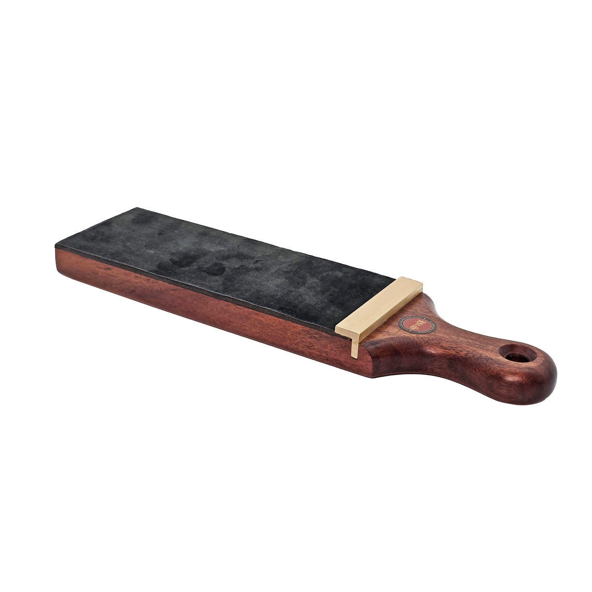 Harold & Saxon Honing Strop Deluxe Desert Hardwood angle view Murray Grey Calf hide leather craftsmanship