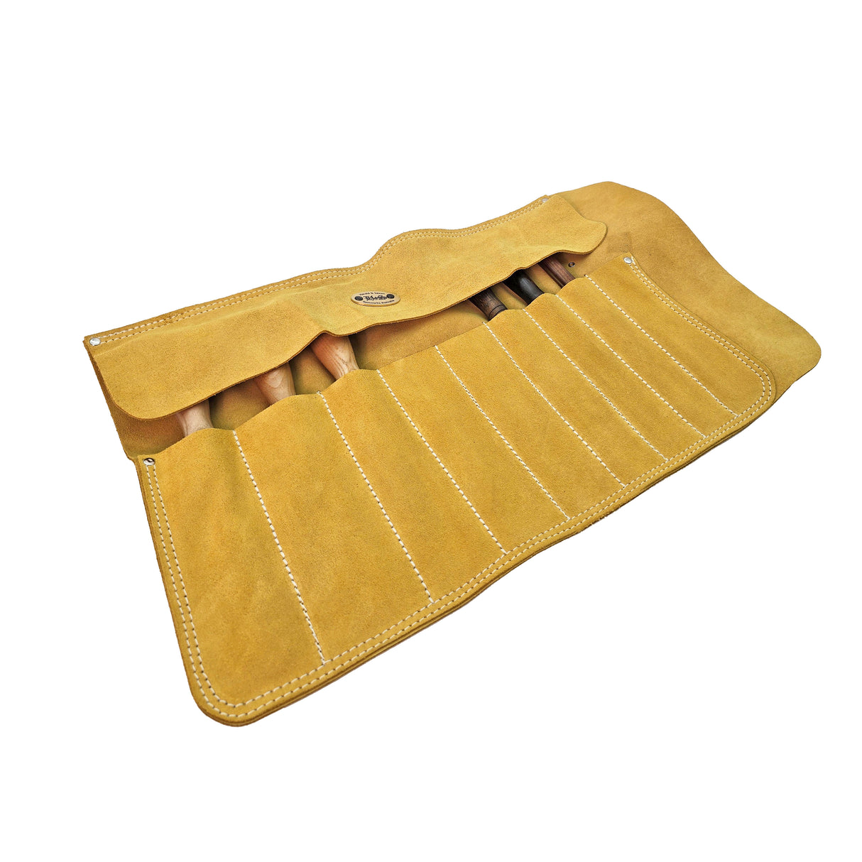 Harold & Saxon Suede Leather Tool Roll showcasing nine tool pockets in natural Australian suede craftsmanship