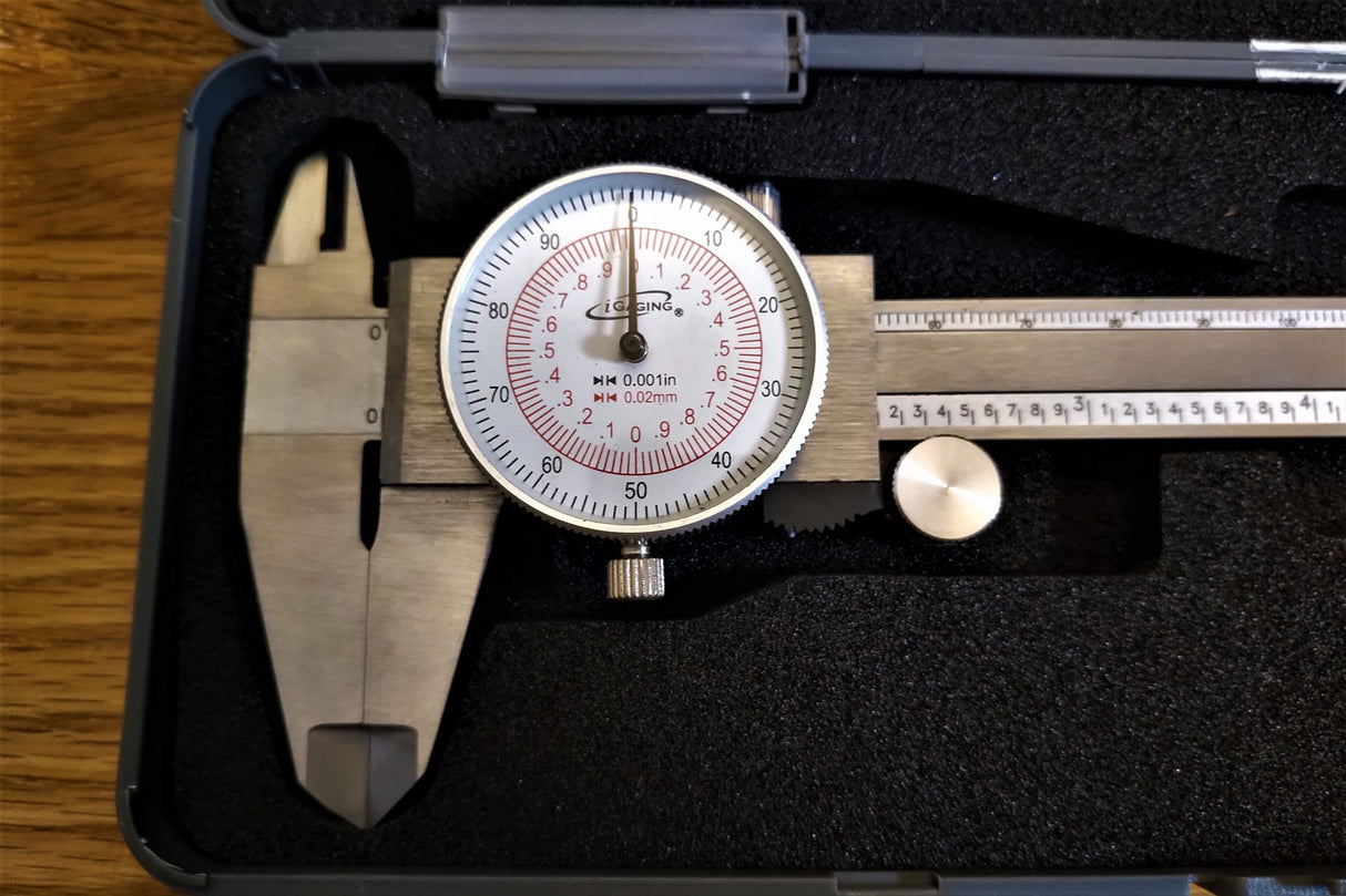 iGaging Dial Vernier Calipers 150mm Metric & Imperial in Case, angled view, precision measurement tool