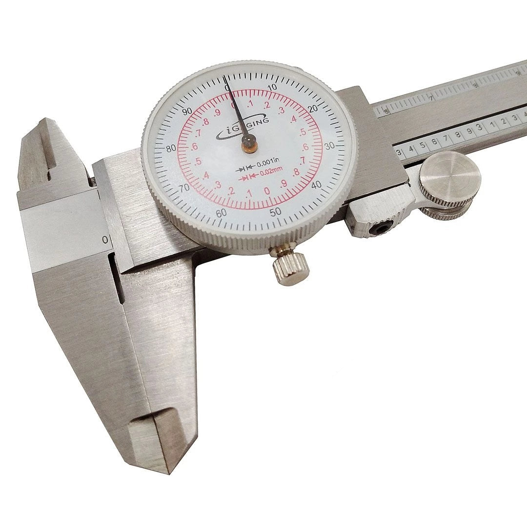 iGaging Dial Calipers 150mm Metric & Imperial with Case, angled close-up showing precise measurements