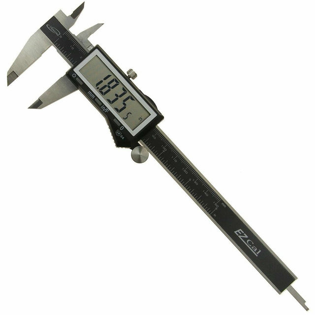 iGaging EZCal Digital Vernier Calipers 150mm with Depth Base Attachment showing detailed metric and imperial scales
