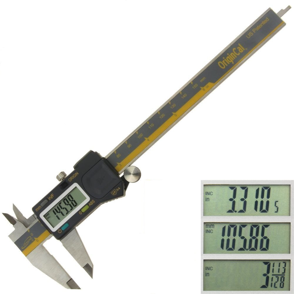 iGaging OriginCal Digital Vernier Calipers 150mm showing clear Metric and Imperial display with stainless steel bar and gauge heads