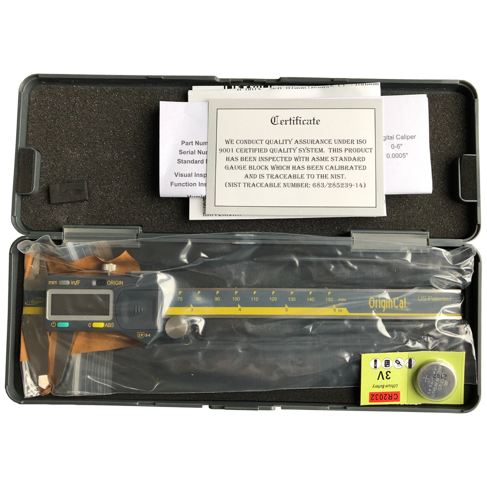 iGaging OriginCal Digital Vernier Calipers 150mm - Detailed view of lapped stainless steel bar and gauge heads. Dual Metric and Imperial display