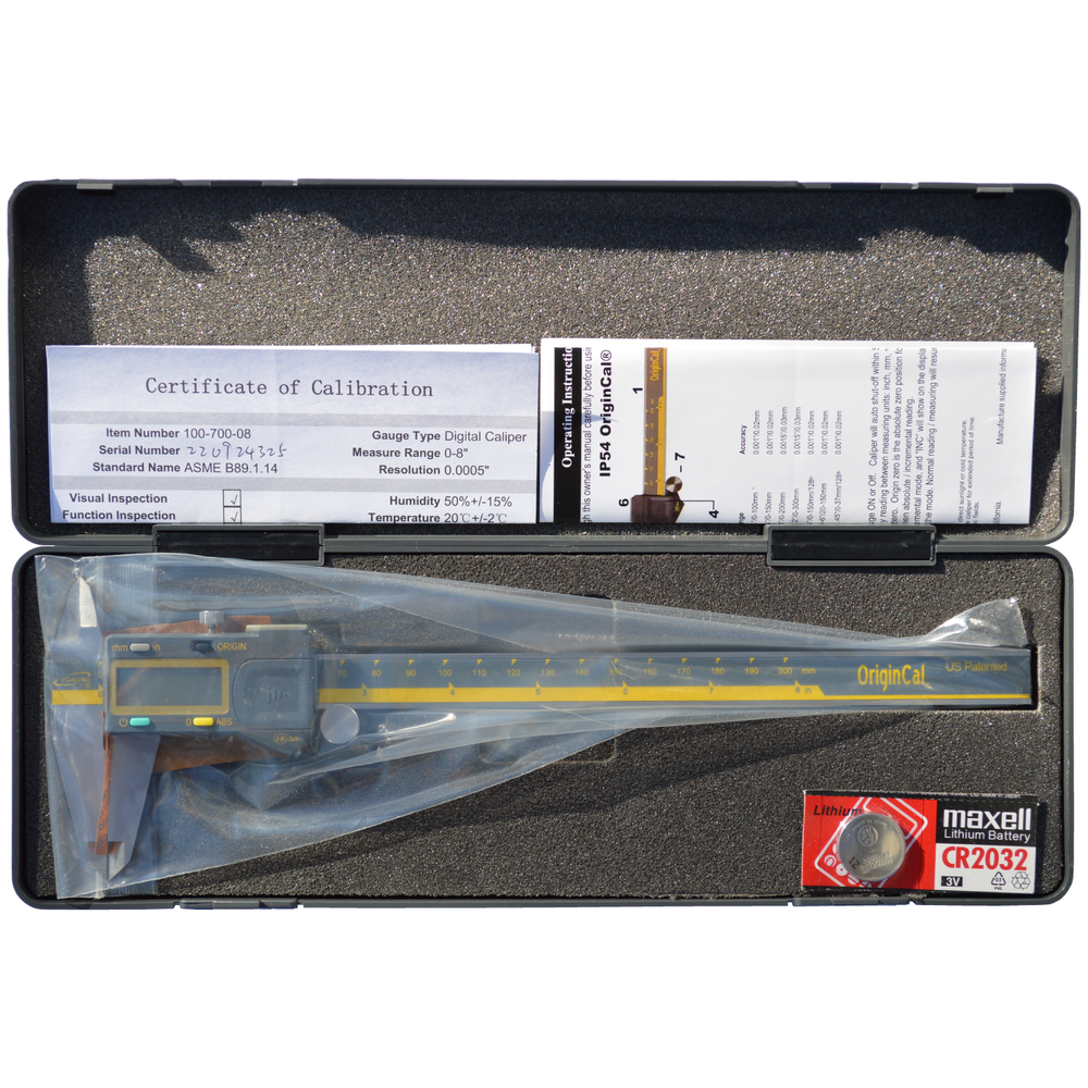 iGaging OriginCal Digital Vernier Calipers 200mm Metric Imperial Scale, showing lapped stainless steel bar with clear metric and imperial display