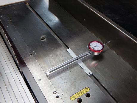iGaging EZ-Align Table Saw Alignment System in use with dial indicator