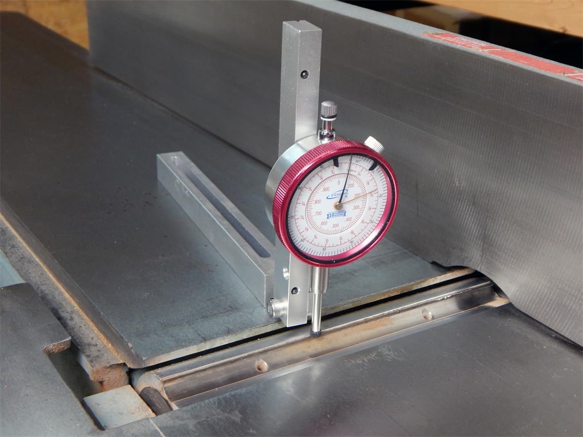 iGaging EZ-Align Dial Indicator on table saw, ensuring precise alignment for accurate woodworking results