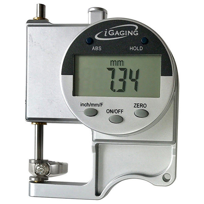 iGaging Digital Snap Thickness Gauge 27mm Measuring Capacity angled view with carbide tips